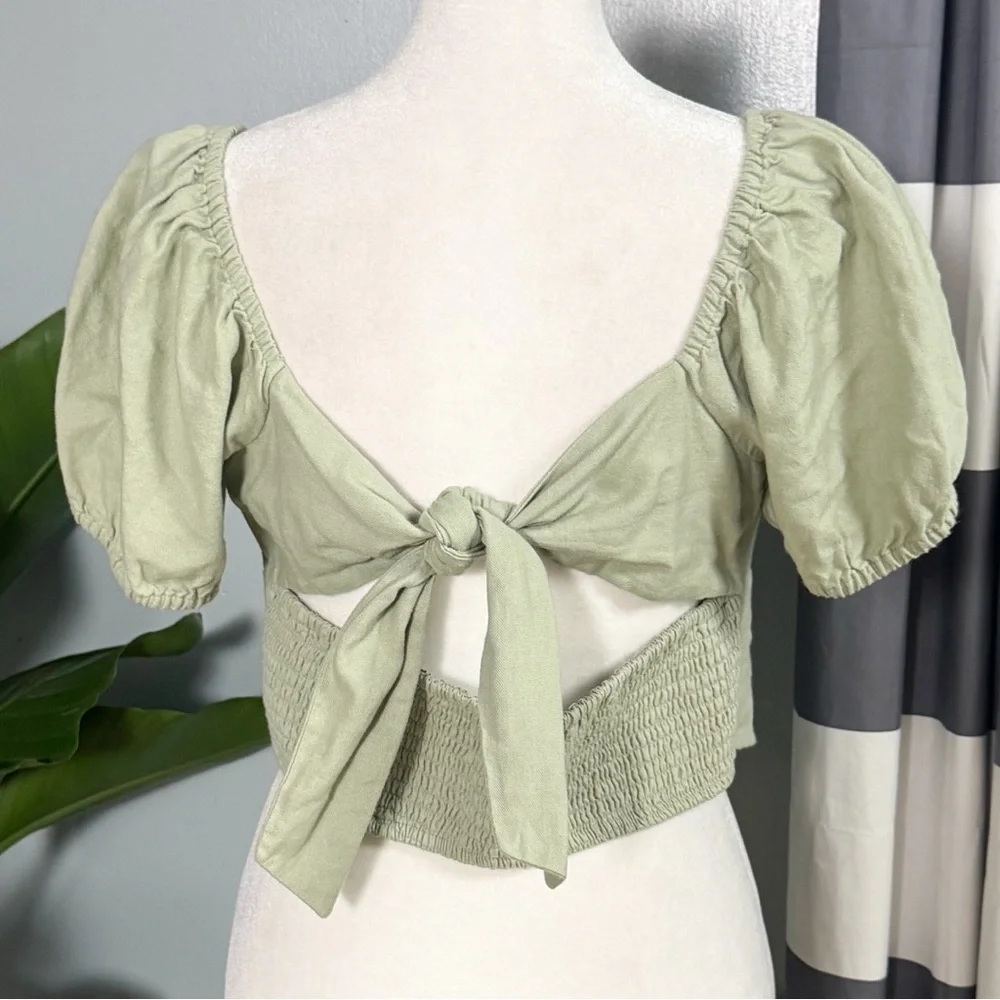 Hollister Sage Green Puff Sleeve Crop Top Linen Blend Size Large